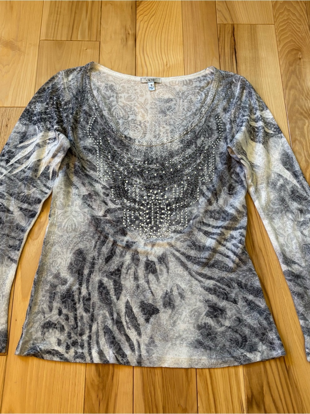 Vintage Y2K Cache Rhinestone Embellished Patterned Long Sleeve Top